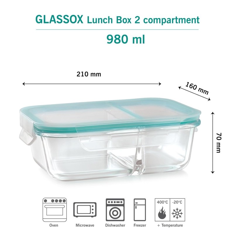 ATTRO Glassox Lunch Box with Two Compartment & Locking Lid Borosilicate Glass Container Microwave & Freezer Safe Air-Tight Leak-Proof 980Ml, Transparent ATTRO Glassox Lunch Box with Two Compartment & Locking Lid Borosilicate Glass Container Microwave & Freezer Safe Air-Tight Leak-Proof 980Ml, Transparent