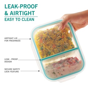 ATTRO Glassox Lunch Box with Two Compartment & Locking Lid Borosilicate Glass Container Microwave & Freezer Safe Air-Tight Leak-Proof 980Ml, Transparent ATTRO Glassox Lunch Box with Two Compartment & Locking Lid Borosilicate Glass Container Microwave & Freezer Safe Air-Tight Leak-Proof 980Ml, Transparent