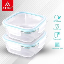 Attro Glassox Classic Square Lunch Box with Locking Lid Borosilicate Glass Lunch Box Fridge Organizer Food Storage Container Microwave & Freezer Safe Set of 2 310ml