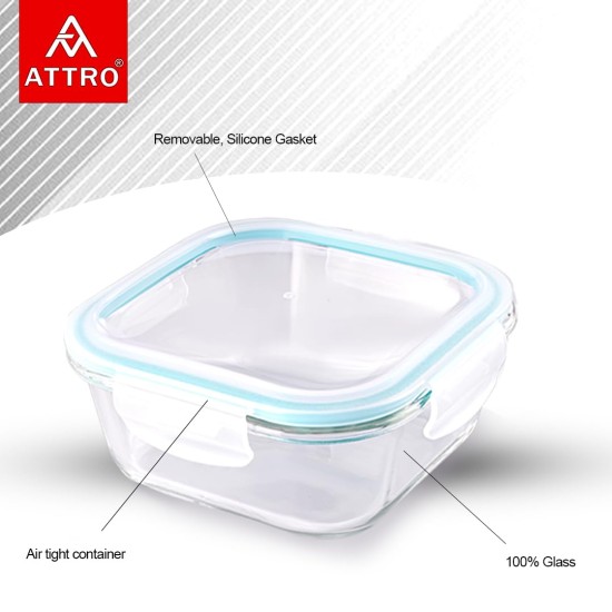 Attro Glassox Classic Square Lunch Box with Locking Lid Borosilicate Glass Lunch Box Fridge Organizer Food Storage Container Microwave & Freezer Safe Set of 2 310ml