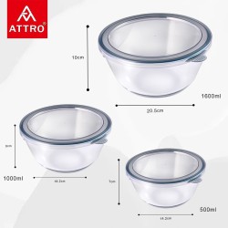 Attro Glassox Classic Mixing Bowl with lid Borosilicate Glass Bowl Microwave & Oven Safe Set of 3 500ml, 1000ml, 1600ml