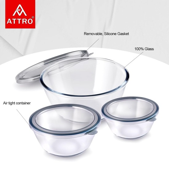 Attro Glassox Classic Mixing Bowl with lid Borosilicate Glass Bowl Microwave & Oven Safe Set of 3 500ml, 1000ml, 1600ml