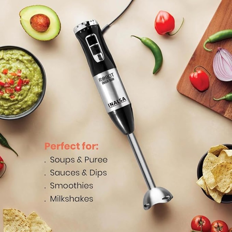 INALSA Electric Hand Blender with 500W Powerful DC Motor|Variable & Turbo Speed|Super Silent|Ultra Sharp SS Blade & Detachable Stem|2Yr Warranty|Blender for smoothie and juices,Whip,Chop-RobotInox500 INALSA Electric Hand Blender with 500W Powerful DC Motor|Variable & Turbo Speed|Super Silent|Ultra Sharp SS Blade & Detachable Stem|2Yr Warranty|Blender for smoothie and juices,Whip,Chop-RobotInox500