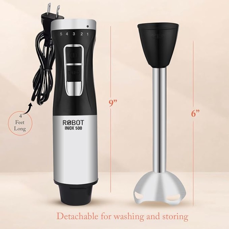 INALSA Electric Hand Blender with 500W Powerful DC Motor|Variable & Turbo Speed|Super Silent|Ultra Sharp SS Blade & Detachable Stem|2Yr Warranty|Blender for smoothie and juices,Whip,Chop-RobotInox500 INALSA Electric Hand Blender with 500W Powerful DC Motor|Variable & Turbo Speed|Super Silent|Ultra Sharp SS Blade & Detachable Stem|2Yr Warranty|Blender for smoothie and juices,Whip,Chop-RobotInox500