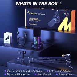 MAONO XLR/USB Dynamic Microphone for Gaming PC, RGB Podcast Mic for YouTube with Software, Mute, Gain Knob, Volume Control, Boom Arm for YouTube Gaming, Singing, Recording, Streaming, PD200XS Black