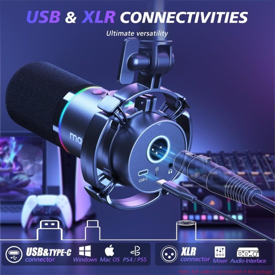MAONO XLR/USB Dynamic Microphone for Gaming PC, RGB Podcast Mic for YouTube with Software, Mute, Gain Knob, Volume Control, Boom Arm for YouTube Gaming, Singing, Recording, Streaming, PD200XS Black