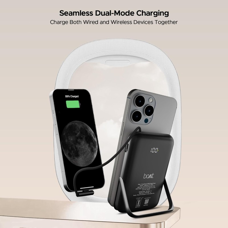 (Refurbished) Boat Energyshroom PB330 MagnaCharge 10000 mAh Magnetic Wireless Power Bank w/ 15W Wireless Charging, Metal Stand,Magnacharge Ring for iPhone and Android Phones w/Wireless Charge(White) (Refurbished) Boat Energyshroom PB330 MagnaCharge 10000 mAh Magnetic Wireless Power Bank w/ 15W Wireless Charging, Metal Stand,Magnacharge Ring for iPhone and Android Phones w/Wireless Charge(White)