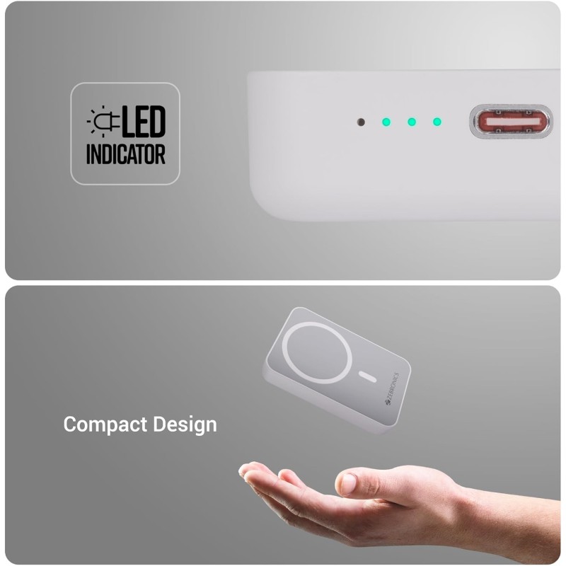 (Refurbished) ZEBRONICS MW63 Wireless Power Bank, 10000 mAh, Super Fast Charging, Magsafe, Outputs - 20W Wired | 15W Wireless, Type C PD, Built in Protections, LED Indicator, Compatible with iPhone -USB Type C