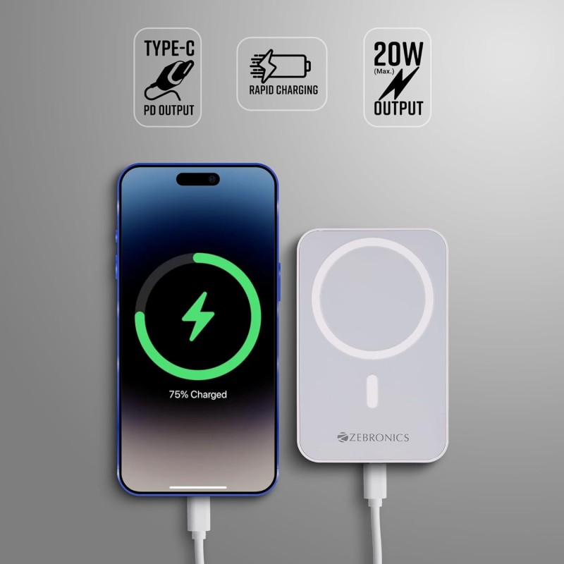 (Refurbished) ZEBRONICS MW63 Wireless Power Bank, 10000 mAh, Super Fast Charging, Magsafe, Outputs - 20W Wired | 15W Wireless, Type C PD, Built in Protections, LED Indicator, Compatible with iPhone -USB Type C