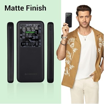 ZEBRONICS MB10000S15 Power Bank, 10000 mAh, Rapid Charge, 22.5W Output, Dual USB Output, PD 3.0 Type C, Built in Protections, Percentage Indicator, Made in India, Black