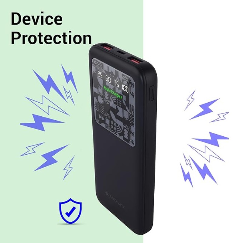 ZEBRONICS MB10000S15 Power Bank, 10000 mAh, Rapid Charge, 22.5W Output, Dual USB Output, PD 3.0 Type C, Built in Protections, Percentage Indicator, Made in India, Black