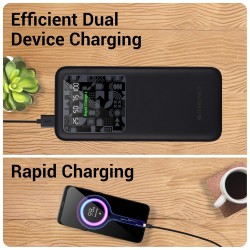 ZEBRONICS MB10000S15 Power Bank, 10000 mAh, Rapid Charge, 22.5W Output, Dual USB Output, PD 3.0 Type C, Built in Protections, Percentage Indicator, Made in India, Black