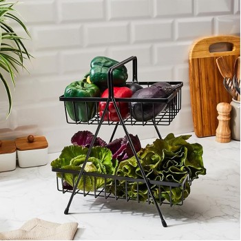Amazon Brand - Solimo 2-Tier Black Steel Fruit and Vegetable Storage Rack | Optimal Air Circulation | Versatile and Stylish Kitchen Organization | Multifunctional Design (Set of 1)
