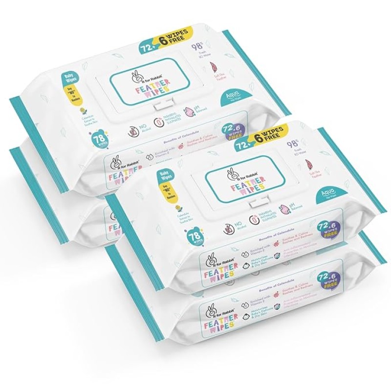 R For Rabbit Feather Aqua Baby Wipes Combo Pack Of 312 Units | Pure Water Wet Wipes for Babies With Lid (Combo of 4 Packs) R For Rabbit Feather Aqua Baby Wipes Combo Pack Of 312 Units | Pure Water Wet Wipes for Babies With Lid (Combo of 4 Packs)