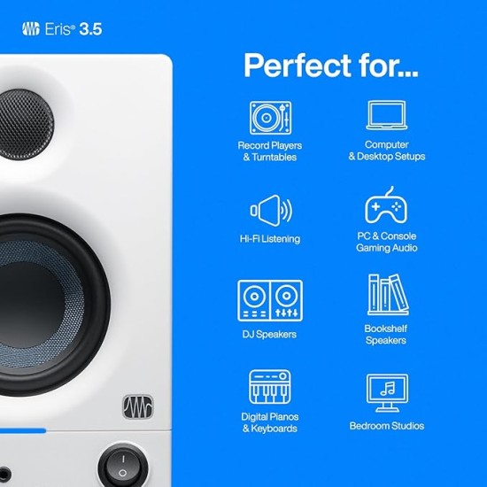 PreSonus Eris 3.5 2nd Gen HD Professional Studio Monitors with 3.5" Woven Composite Woofer, 1" Silk-Dome Tweeter, 50W Class AB Power and Tuning Controls (Auxillary) - Pair (White)