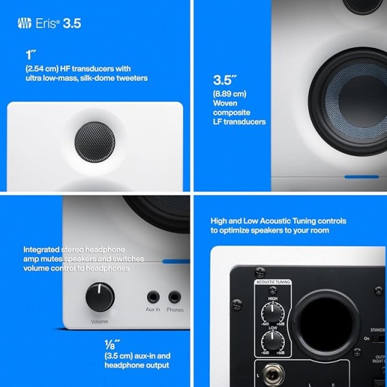 PreSonus Eris 3.5 2nd Gen HD Professional Studio Monitors with 3.5" Woven Composite Woofer, 1" Silk-Dome Tweeter, 50W Class AB Power and Tuning Controls (Auxillary) - Pair (White)