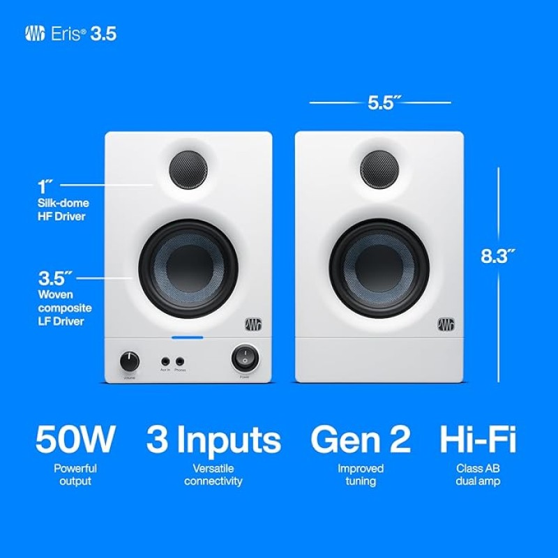 PreSonus Eris 3.5 2nd Gen HD Professional Studio Monitors with 3.5" Woven Composite Woofer, 1" Silk-Dome Tweeter, 50W Class AB Power and Tuning Controls (Auxillary) - Pair (White)