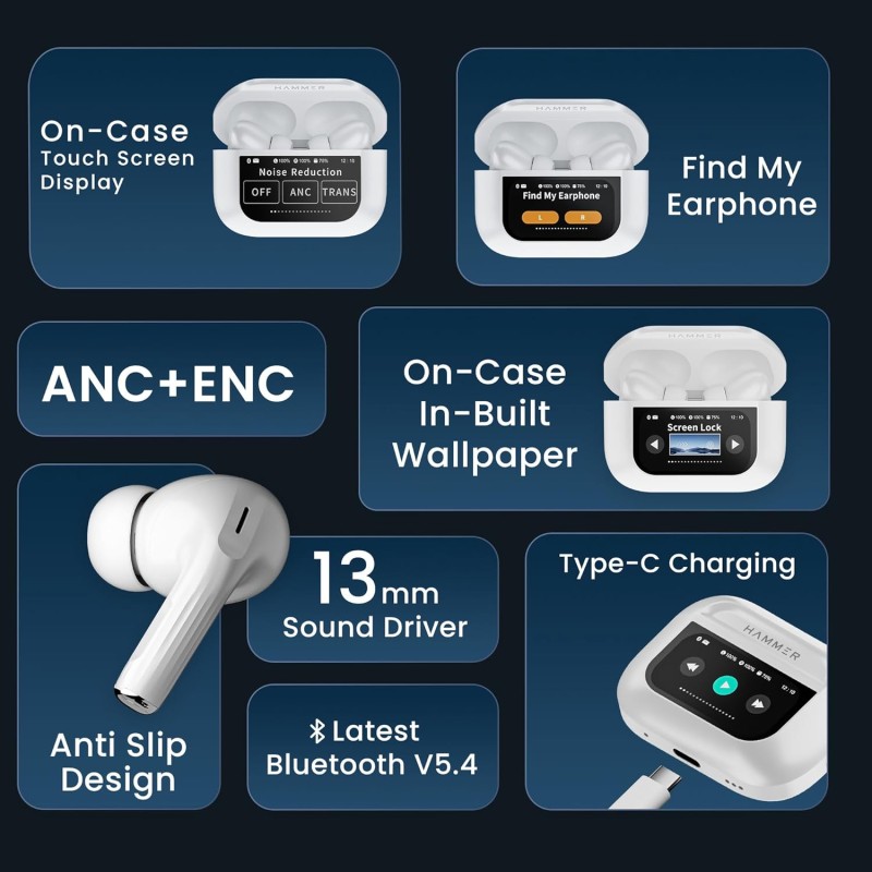 (Refurbished) HAMMER Screen TWS Earbuds Wireless with 13mm Drivers, ANC Ear Buds 32dB, up to 50H Playtime TWS Ear Buds, Type-C Fast Charging, BT v5.4, True Wireless Earbuds Bluetooth,Transparency & EQ Mode (White) (Refurbished) HAMMER Screen TWS Earbuds Wireless with 13mm Drivers, ANC Ear Buds 32dB, up to 50H Playtime TWS Ear Buds, Type-C Fast Charging, BT v5.4, True Wireless Earbuds Bluetooth,Transparency & EQ Mode (White)