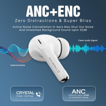 (Refurbished) HAMMER Aeromax ANC (32dB) TWS, BTv5.4, Low Latency, in-Ear Bluetooth Earbuds with Clear ENC Calling, Quad Mics, Type-C,Touch Controls, Deep Bass, 30 Hrs Playtime (White) (Refurbished) HAMMER Aeromax ANC (32dB) TWS, BTv5.4, Low Latency, in-Ear Bluetooth Earbuds with Clear ENC Calling, Quad Mics, Type-C,Touch Controls, Deep Bass, 30 Hrs Playtime (White)