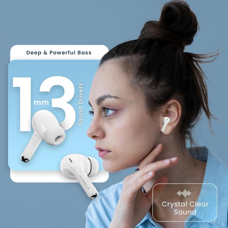 (Refurbished) HAMMER Aeromax ANC (32dB) TWS, BTv5.4, Low Latency, in-Ear Bluetooth Earbuds with Clear ENC Calling, Quad Mics, Type-C,Touch Controls, Deep Bass, 30 Hrs Playtime (White) (Refurbished) HAMMER Aeromax ANC (32dB) TWS, BTv5.4, Low Latency, in-Ear Bluetooth Earbuds with Clear ENC Calling, Quad Mics, Type-C,Touch Controls, Deep Bass, 30 Hrs Playtime (White)