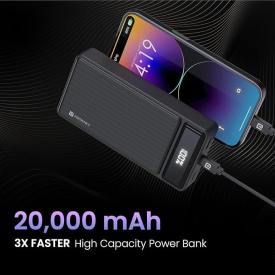Portronics Luxcell B 20K Advanced 20000 mAh Power Bank with 22.5W Max Output, LED Battery Display, 22.5w Mach USB-A Output, 20w Type C PD Output, Type C Input, Wake Up Button(Black)