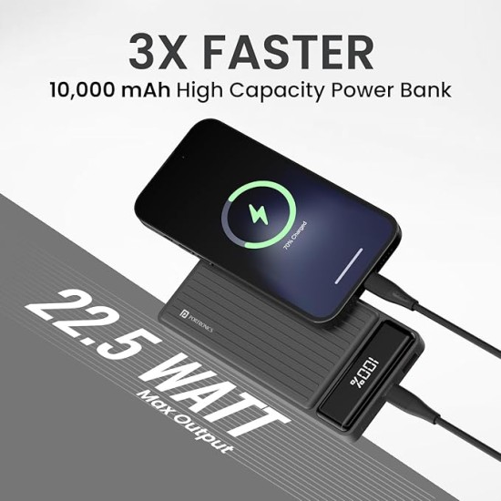 Portronics Luxcell B 10K 10000 mAh 22.5W Fast Charging Power Bank, Ultra Slim Power Bank with Mach USB-A Output, Type C PD Output, Type C Input, Wake Up Button(Black)