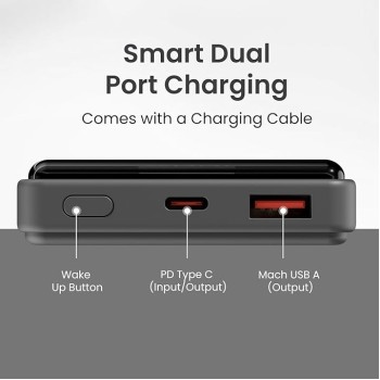 Portronics Luxcell B 10K 10000 mAh 22.5W Fast Charging Power Bank, Ultra Slim Power Bank with Mach USB-A Output, Type C PD Output, Type C Input, Wake Up Button(Black)