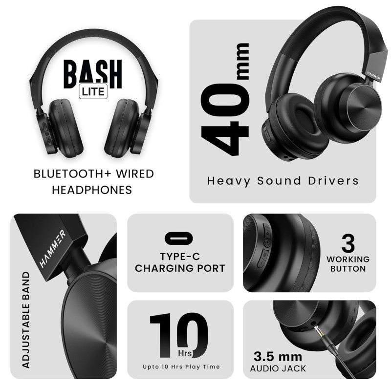 (Refurbished) HAMMER New Launch Bash Lite Bluetooth Over The Ear Headphones with Wireless and Wired Mode, Mic, Deep Bass, 40mm Drivers, 10 Hours Playtime, Bluetooth v5.3 Headset Best for Travel, Gym, Gaming(Black) (Refurbished) HAMMER New Launch Bash Lite Bluetooth Over The Ear Headphones with Wireless and Wired Mode, Mic, Deep Bass, 40mm Drivers, 10 Hours Playtime, Bluetooth v5.3 Headset Best for Travel, Gym, Gaming(Black)