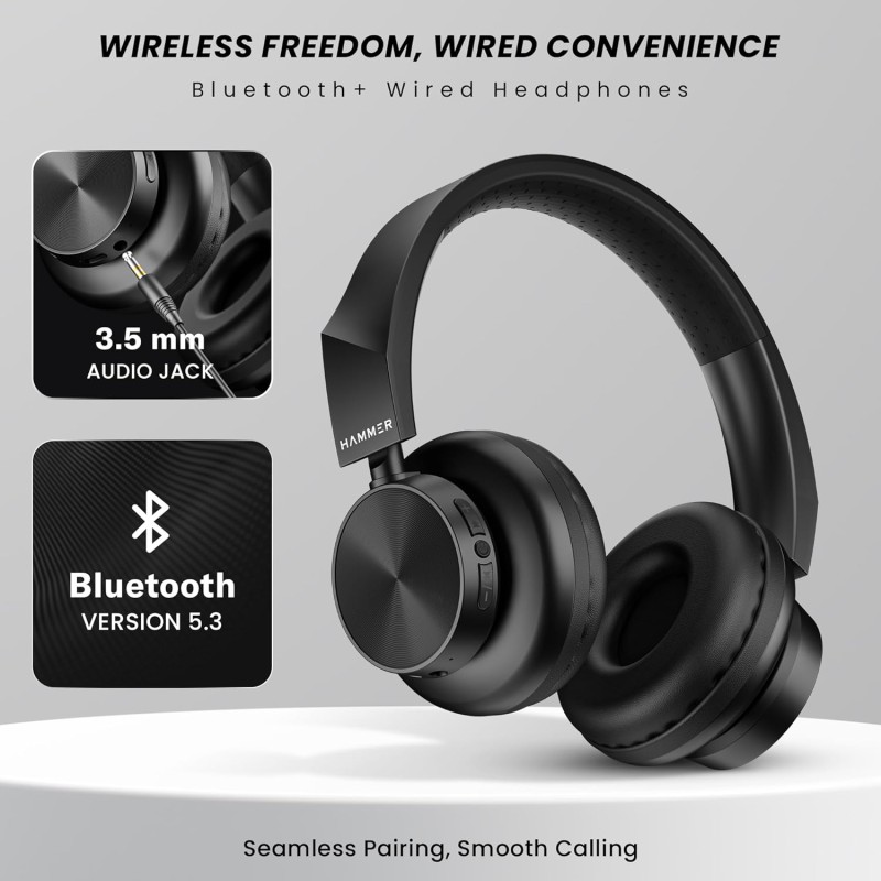 (Refurbished) HAMMER New Launch Bash Lite Bluetooth Over The Ear Headphones with Wireless and Wired Mode, Mic, Deep Bass, 40mm Drivers, 10 Hours Playtime, Bluetooth v5.3 Headset Best for Travel, Gym, Gaming(Black) (Refurbished) HAMMER New Launch Bash Lite Bluetooth Over The Ear Headphones with Wireless and Wired Mode, Mic, Deep Bass, 40mm Drivers, 10 Hours Playtime, Bluetooth v5.3 Headset Best for Travel, Gym, Gaming(Black)