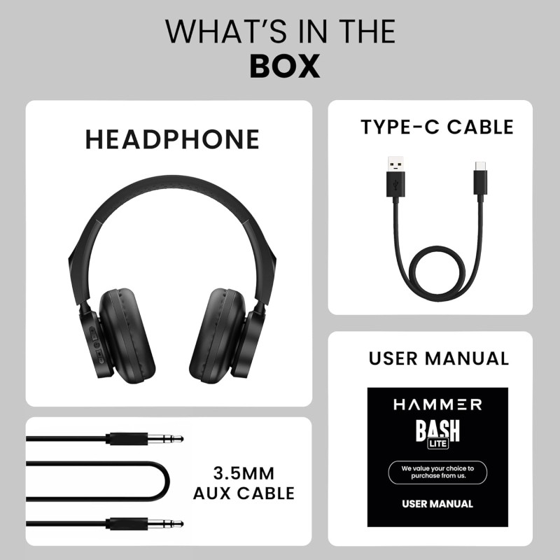 (Refurbished) HAMMER New Launch Bash Lite Bluetooth Over The Ear Headphones with Wireless and Wired Mode, Mic, Deep Bass, 40mm Drivers, 10 Hours Playtime, Bluetooth v5.3 Headset Best for Travel, Gym, Gaming(Black) (Refurbished) HAMMER New Launch Bash Lite Bluetooth Over The Ear Headphones with Wireless and Wired Mode, Mic, Deep Bass, 40mm Drivers, 10 Hours Playtime, Bluetooth v5.3 Headset Best for Travel, Gym, Gaming(Black)