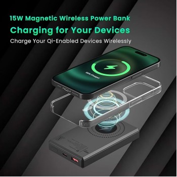 Portronics Luxcell MagClick 10k 10000 mAh 15W Magnetic Wireless Fast Charging Power Bank Premium Finish, 22.5 Wired Output Compatible with iPhone 12 and Above,Type C Smartphones,Tablets(Dark Grey)