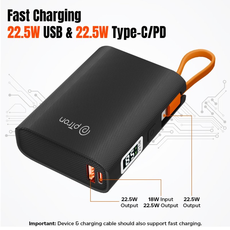 (Refurbished) pTron Dynamo Rush 10000mAh 22.5W Nano Power Bank, Compact Size Fast Charging, Supports VOOC/Wrap/Dash USB Charging, 20W PD Fast Charging, USB Type-C Input Cable, 2 Output Ports & BIS Certified (Black) (Refurbished) pTron Dynamo Rush 10000mAh 22.5W Nano Power Bank, Compact Size Fast Charging, Supports VOOC/Wrap/Dash USB Charging, 20W PD Fast Charging, USB Type-C Input Cable, 2 Output Ports & BIS Certified (Black)