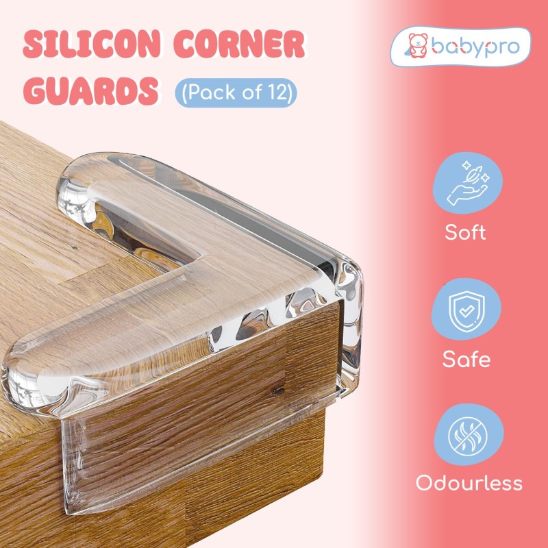 BabyPro (Pack of 12) Silicone Corner Guards, Corner Protector for Sharp Corners of Furniture, Baby Bed Protector, Table Corner and Edge Protector and Soft PVC Transparent Corner Guard