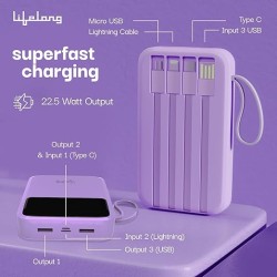Lifelong Electronics 10000mAh 22.5W Fast Charging Power Bank | 3 Inputs (in-Built USB Cable + Lightning + Type-C Port) | 6 Outputs (3 in-Built Cables + 1 Type-C Port + 2 USB Ports) | QC 3.0 Powerbank