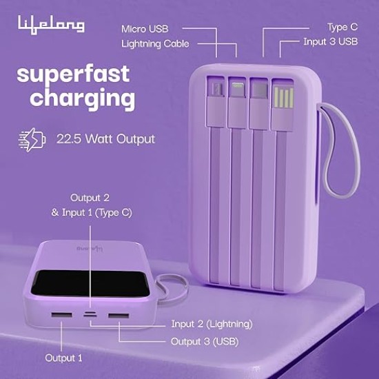 Lifelong Electronics 10000mAh 22.5W Fast Charging Power Bank | 3 Inputs (in-Built USB Cable + Lightning + Type-C Port) | 6 Outputs (3 in-Built Cables + 1 Type-C Port + 2 USB Ports) | QC 3.0 Powerbank
