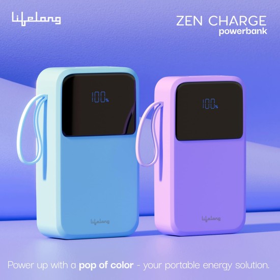 Lifelong Electronics 10000mAh 22.5W Fast Charging Power Bank | 3 Inputs (in-Built USB Cable + Lightning + Type-C Port) | 6 Outputs (3 in-Built Cables + 1 Type-C Port + 2 USB Ports) | QC 3.0 Powerbank