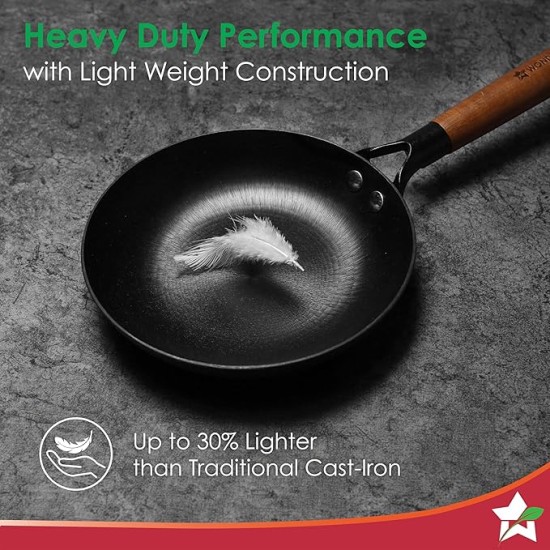 Wonderchef Pre-Seasoned Ferro Light 24cm Cast Iron Fry Pan | 1.4L | Acacia Wooden Handles | Gravity Moulding Technology | No Chemical Coating |10 Year Warranty