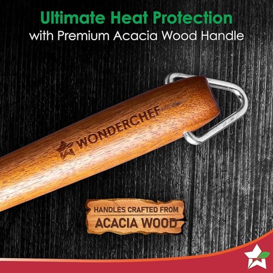 Wonderchef Pre-Seasoned Ferro Light 24cm Cast Iron Fry Pan | 1.4L | Acacia Wooden Handles | Gravity Moulding Technology | No Chemical Coating |10 Year Warranty