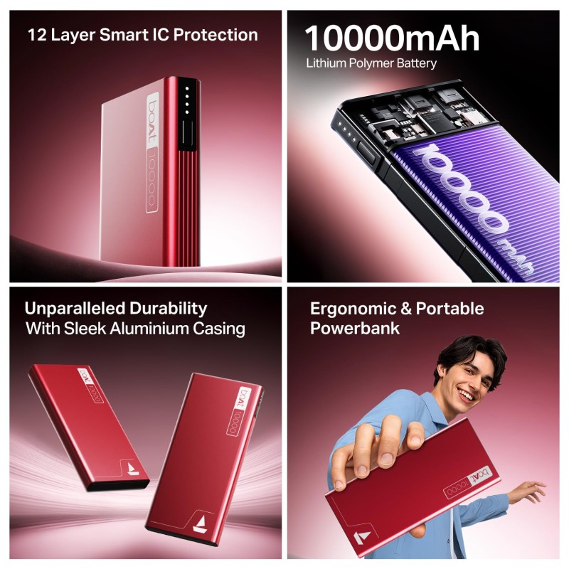 boAt Energyshroom PB300 Powerbank with 10000mAh Battery, 22.5w Fast Charging, USB Type-C Input, 12-Layer Smart IC Protection, LED Indicators and Aluminum Alloy Casing(Martian Red)