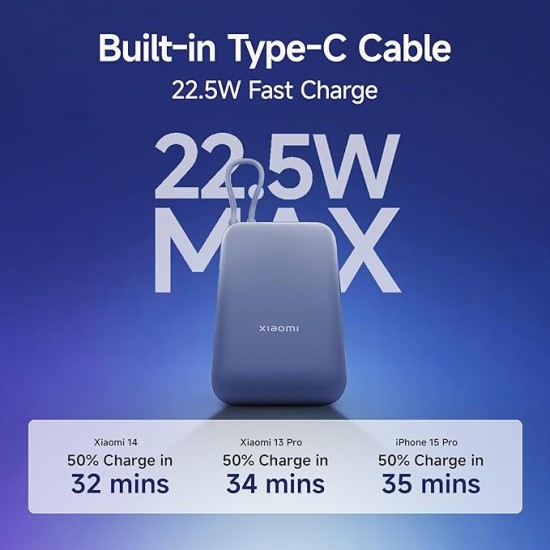 Xiaomi Pocket Power Bank 10000mAh 22.5W with Built-in Cable | Super Fast Charging PD |Smart 12 Layer Protection|Triple Output Ports|Supports Android,Apple, Tablets, Earbuds,Watch(MI Powerbank),Blue