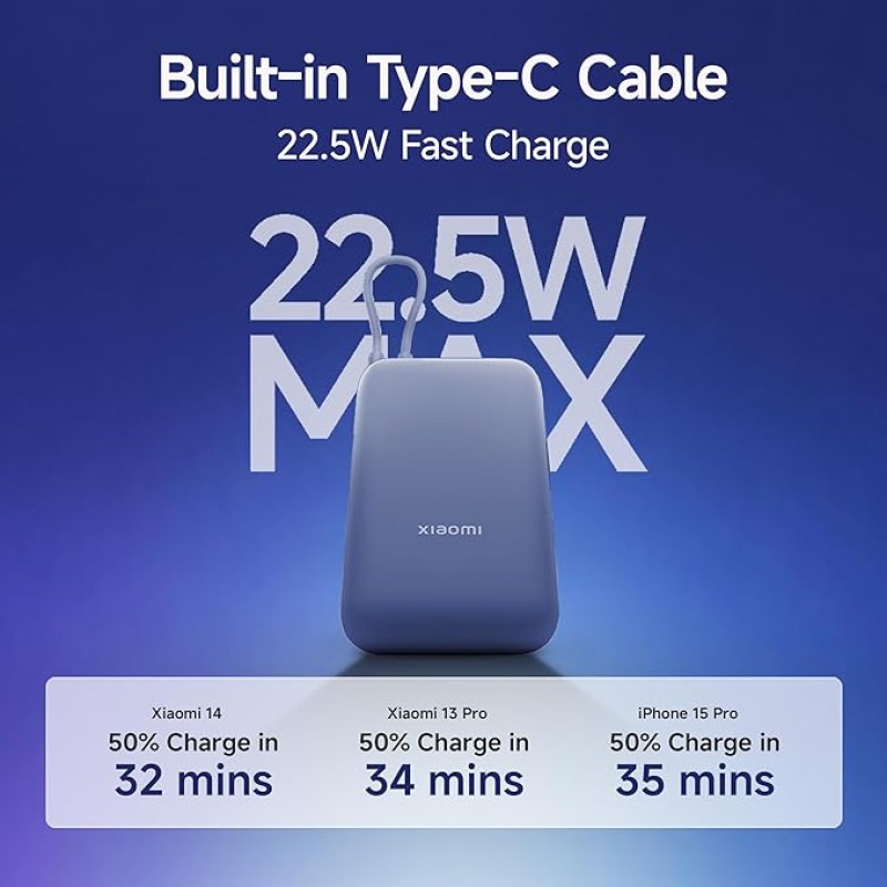Xiaomi Pocket Power Bank 10000mAh 22.5W with Built-in Cable | Super Fast Charging PD |Smart 12 Layer Protection|Triple Output Ports|Supports Android,Apple, Tablets, Earbuds,Watch(MI Powerbank),Blue