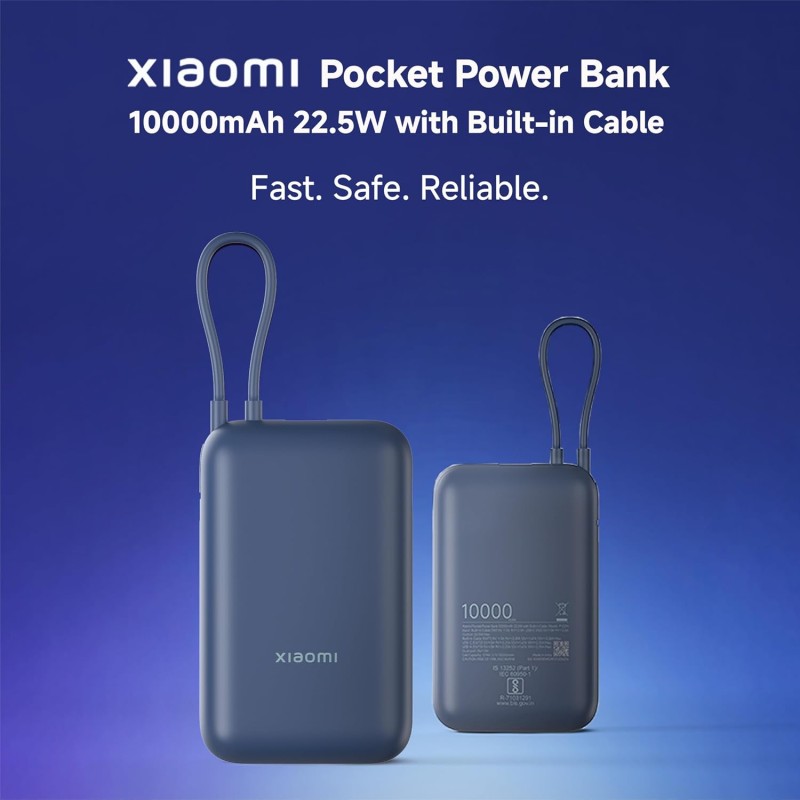 Xiaomi Pocket Power Bank 10000mAh 22.5W with Built-in Cable | Super Fast Charging PD |Smart 12 Layer Protection|Triple Output Ports|Supports Android,Apple, Tablets, Earbuds,Watch(MI Powerbank),Blue