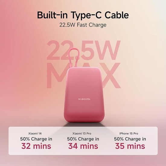 Xiaomi Pocket Power Bank 10000mAh 22.5W with Built-in Cable | Super Fast Charging PD |Smart 12 Layer Protection|Triple Output Ports|Supports Android,Apple, Tablets, Earbuds,Watch(MI Powerbank),Maroon