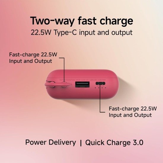 Xiaomi Pocket Power Bank 10000mAh 22.5W with Built-in Cable | Super Fast Charging PD |Smart 12 Layer Protection|Triple Output Ports|Supports Android,Apple, Tablets, Earbuds,Watch(MI Powerbank),Maroon