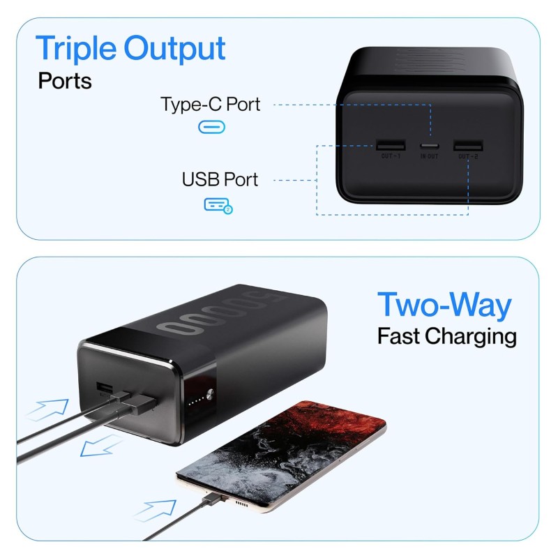 (Refurbished) Ambrane 50000mAh Powerbank, 20W Fast Charging, Triple Output (2 USB & 1 Type C), PD, Quick Charge for iPhone, Android & Other Devices, Made in India + USB Type-C Input (Stylo Max 50k, Black)