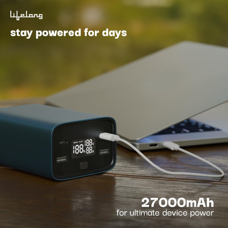 (Refurbished) Lifelong 100W 27000 mAh 4-in-1 Fast Charging Laptop Power Bank with 2 Type C PD Output Ports & 2 USB Output Ports Compatible with Laptop, Android Smartphones, iPhones, iPad, Tablet (Metallic Blue) (Refurbished) Lifelong 100W 27000 mAh 4-in-1 Fast Charging Laptop Power Bank with 2 Type C PD Output Ports & 2 USB Output Ports Compatible with Laptop, Android Smartphones, iPhones, iPad, Tablet (Metallic Blue)