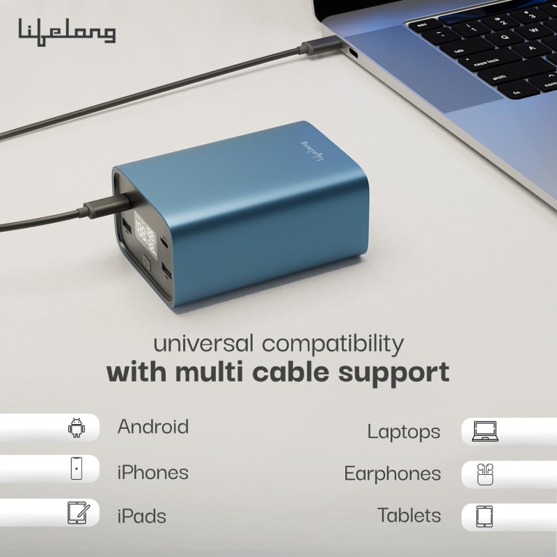 (Refurbished) Lifelong 100W 27000 mAh 4-in-1 Fast Charging Laptop Power Bank with 2 Type C PD Output Ports & 2 USB Output Ports Compatible with Laptop, Android Smartphones, iPhones, iPad, Tablet (Metallic Blue) (Refurbished) Lifelong 100W 27000 mAh 4-in-1 Fast Charging Laptop Power Bank with 2 Type C PD Output Ports & 2 USB Output Ports Compatible with Laptop, Android Smartphones, iPhones, iPad, Tablet (Metallic Blue)