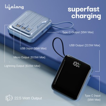 (Refurbished) Lifelong Electronics 10000 mAh Fast | Compact Power Bank | 22.5 W Output, 4 Input/Output Ports, Cable Included | Quick Charge 3.0 | Portable Charger for Mobiles, Earbuds, Speakers & Others (Dark Blue) (Refurbished) Lifelong Electronics 10000 mAh Fast | Compact Power Bank | 22.5 W Output, 4 Input/Output Ports, Cable Included | Quick Charge 3.0 | Portable Charger for Mobiles, Earbuds, Speakers & Others (Dark Blue)