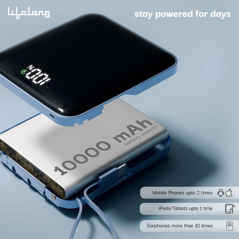 (Refurbished) Lifelong Electronics 10000 mAh Fast | Compact Power Bank | 22.5 W Output, 4 Input/Output Ports, Cable Included | Quick Charge 3.0 | Portable Charger for Mobiles, Earbuds, Speakers & Others (Dark Blue) (Refurbished) Lifelong Electronics 10000 mAh Fast | Compact Power Bank | 22.5 W Output, 4 Input/Output Ports, Cable Included | Quick Charge 3.0 | Portable Charger for Mobiles, Earbuds, Speakers & Others (Dark Blue)