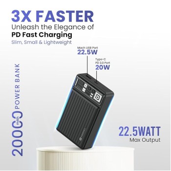 Portronics Luxcell Mini 20K Advanced 20000 mAh Smallest Power Bank with 22.5W Max Output, LED Indicator, Mach USB-A Output, Type C PD Output, Type C Input, Wake Up Button(Black)